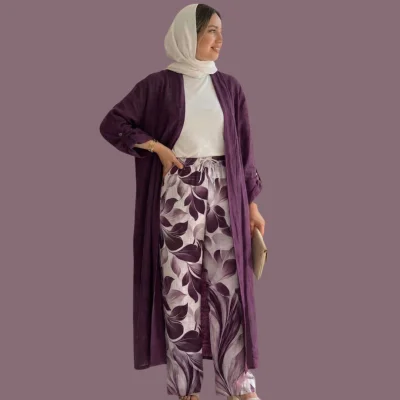 Long Cardigan & Printed Wide-Leg Pants