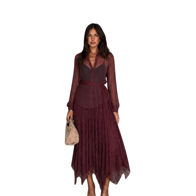 Chiffon Shirt & Crinkled Maxi Skirt Set