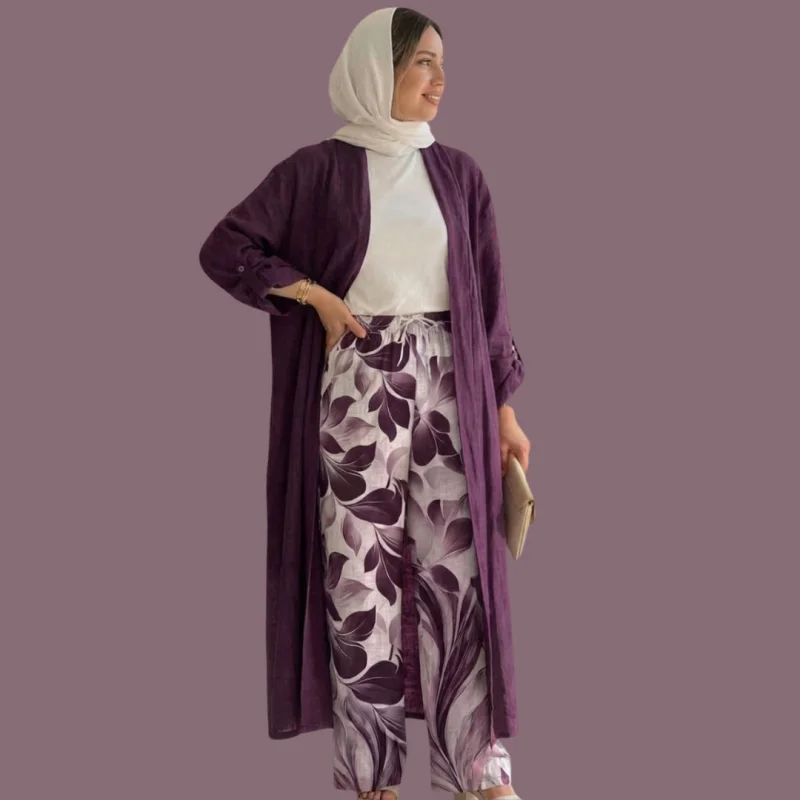 Long Cardigan & Printed Wide-Leg Pants